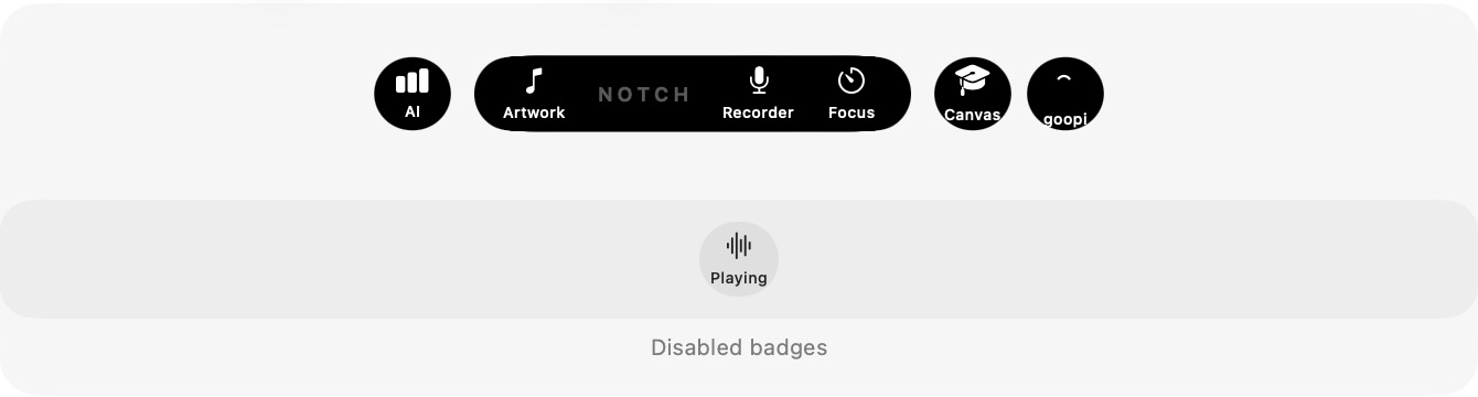 Real goopi layout editor showing attached and detached notch badges